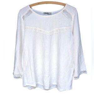 Elena Baldi Linen White Tunic Blouse Crochet Lace 3/4 Sleeve Womens Size  LARGE